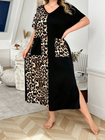 V-Neck Short Sleeve Leopard Print Colorblock Casual Loose Oversized Maxi Loungewear Dress - Image 4