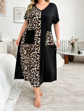 V-Neck Short Sleeve Leopard Print Colorblock Casual Loose Oversized Maxi Loungewear Dress - Image 6