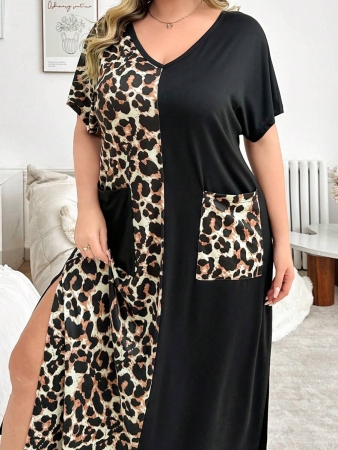 V-Neck Short Sleeve Leopard Print Colorblock Casual Loose Oversized Maxi Loungewear Dress - Image 8