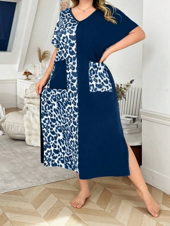 V-Neck Short Sleeve Leopard Print Colorblock Casual Loose Oversized Maxi Loungewear Dress - Image 12