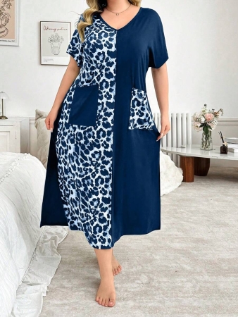 V-Neck Short Sleeve Leopard Print Colorblock Casual Loose Oversized Maxi Loungewear Dress - Image 14