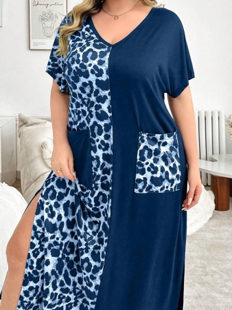 V-Neck Short Sleeve Leopard Print Colorblock Casual Loose Oversized Maxi Loungewear Dress - Image 15