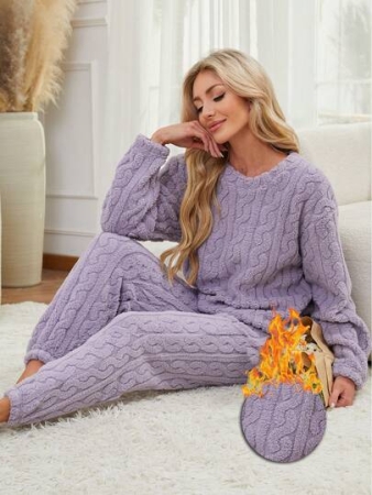2pcs Women Winter Pajama Set, Minimalist Solid Color Thick Long Sleeve & Long Pants Homewear, Suitable For Indoor & Outdoor Wear, Cozy Outfits, Fall Clothes