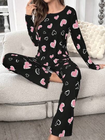 Heart Print Tee & Pants PJ Set / Pajama Set, Fall Clothes  Cozy And Elegant Details