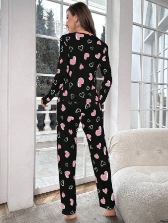 Heart Print Tee & Pants PJ Set / Pajama Set, Fall Clothes Cozy And Elegant Details - Image 3