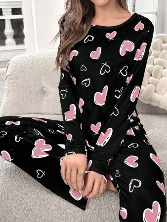 Heart Print Tee & Pants PJ Set / Pajama Set, Fall Clothes Cozy And Elegant Details - Image 4