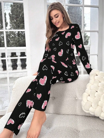 Heart Print Tee & Pants PJ Set / Pajama Set, Fall Clothes Cozy And Elegant Details - Image 6