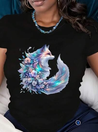 Women's Crew Neck T-Shirt Fox Floral Fantasy Print Casual Wear,220g