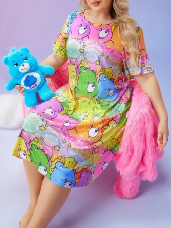 SweetSlumber X Carebears Plus Size Women's Cute Cartoon Bear & Ombre Rainbow Print Short Sleeve Loose Nightgown, Summer Care Bear Nightgown Plus Size Plus Size Kawaii Pajamas Plus Size Care Bear Sleep Dress