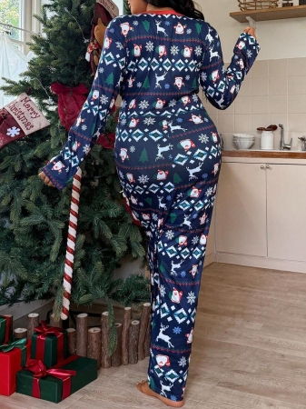 SweetSlumber Plus Size Striped Pattern Knitted Sleep Jumpsuit Pajamas, For Christmas, For Fall Pajamas Plus Size, Cozy Outfit - Image 3