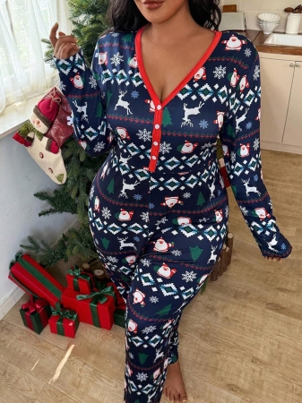 SweetSlumber Plus Size Striped Pattern Knitted Sleep Jumpsuit Pajamas, For Christmas, For Fall Pajamas Plus Size, Cozy Outfit - Image 4