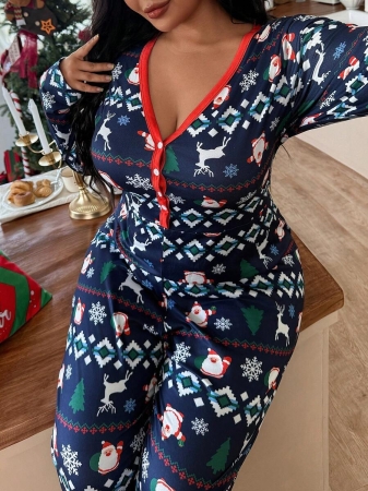 SweetSlumber Plus Size Striped Pattern Knitted Sleep Jumpsuit Pajamas, For Christmas, For Fall Pajamas Plus Size, Cozy Outfit - Image 5