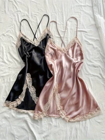2pcs Black & Blush Pink Satin Chemise: Ruched V-Neck Strapless Sleepwear With Gathered Details, All-Season Luxe Women's Nightgown