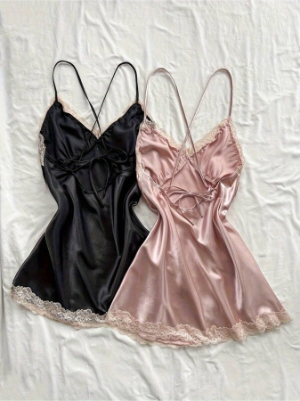 2pcs Black & Blush Pink Satin Chemise: Ruched V-Neck Strapless Sleepwear With Gathered Details, All-Season Luxe Women's Nightgown - Image 3