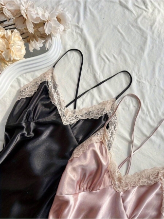 2pcs Black & Blush Pink Satin Chemise: Ruched V-Neck Strapless Sleepwear With Gathered Details, All-Season Luxe Women's Nightgown - Image 4