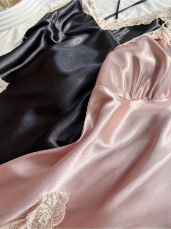 2pcs Black & Blush Pink Satin Chemise: Ruched V-Neck Strapless Sleepwear With Gathered Details, All-Season Luxe Women's Nightgown - Image 5