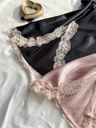 2pcs Black & Blush Pink Satin Chemise: Ruched V-Neck Strapless Sleepwear With Gathered Details, All-Season Luxe Women's Nightgown - Image 6