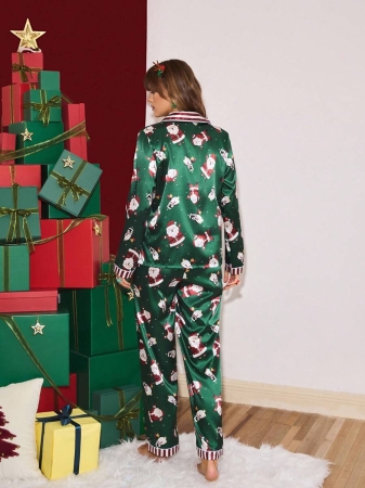 Chillnights Chillnights Casual & Comfortable Christmas Santa Claus & Penguin Themed Print Green Button-Front Long Sleeve Top & Pants Women Christmas Pajama Set Christmas Pajamas Women Holiday Pajamas Women Christmas Pjs For Women Christmas Pajama Sets, Fall Clothes - Image 3
