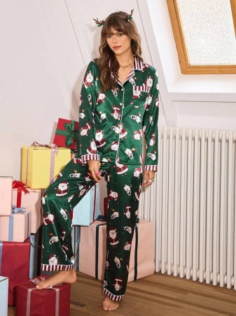 Chillnights Chillnights Casual & Comfortable Christmas Santa Claus & Penguin Themed Print Green Button-Front Long Sleeve Top & Pants Women Christmas Pajama Set Christmas Pajamas Women Holiday Pajamas Women Christmas Pjs For Women Christmas Pajama Sets, Fall Clothes - Image 5