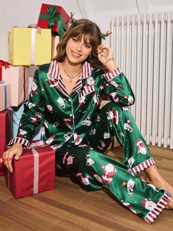Chillnights Chillnights Casual & Comfortable Christmas Santa Claus & Penguin Themed Print Green Button-Front Long Sleeve Top & Pants Women Christmas Pajama Set Christmas Pajamas Women Holiday Pajamas Women Christmas Pjs For Women Christmas Pajama Sets, Fall Clothes - Image 6