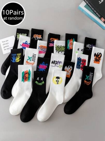 10 Pairs Random Style Black & White Unisex Graffiti Design Mid-Calf Socks For Couple Daily Use, Fall