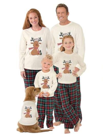 Family Christmas Pajamas Matching Set Elk Print Long-Sleeve Tops With Plaid Pants Sleepwear Set For Adult, Kid, Baby, Dog