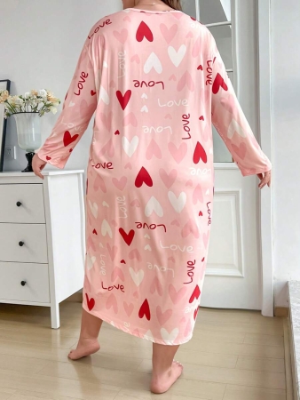 Plus Heart Print Round Neck Long Sleeve Sleep Dress, Moo Moo, Fall - Image 3