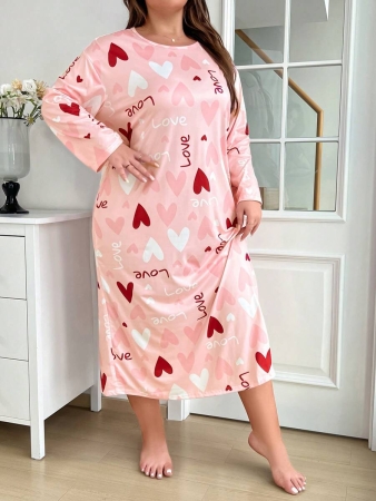 Plus Heart Print Round Neck Long Sleeve Sleep Dress, Moo Moo, Fall - Image 5