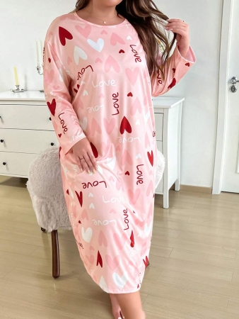 Plus Heart Print Round Neck Long Sleeve Sleep Dress, Moo Moo, Fall - Image 6