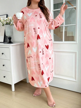 Plus Heart Print Round Neck Long Sleeve Sleep Dress, Moo Moo, Fall - Image 7