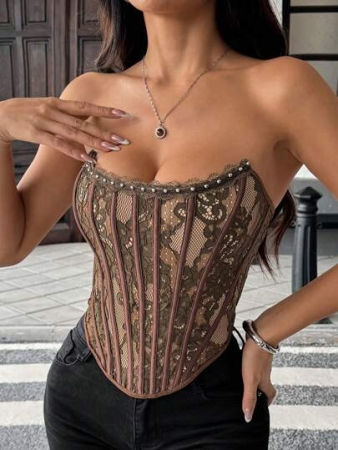 Sexy Elegant Solid & Floral Print Mature Charm - Graceful Lace Ruffle Trim Backless Bustier, Slim Fit Corseted Bodycon Vest With Snap Buttons