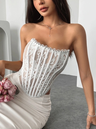 Sexy Elegant Solid & Floral Print Mature Charm - Graceful Lace Ruffle Trim Backless Bustier, Slim Fit Corseted Bodycon Vest With Snap Buttons - Image 2