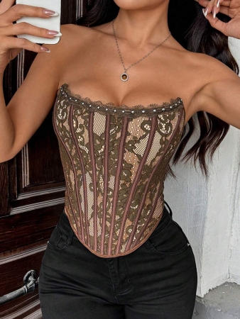 Sexy Elegant Solid & Floral Print Mature Charm - Graceful Lace Ruffle Trim Backless Bustier, Slim Fit Corseted Bodycon Vest With Snap Buttons - Image 15
