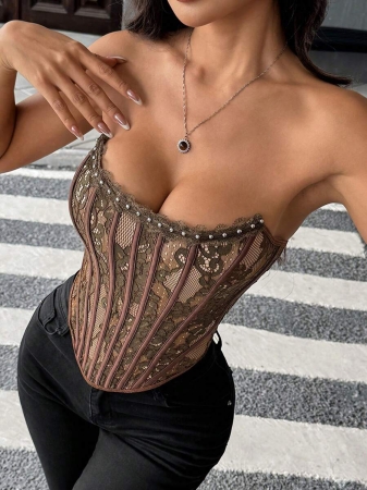 Sexy Elegant Solid & Floral Print Mature Charm - Graceful Lace Ruffle Trim Backless Bustier, Slim Fit Corseted Bodycon Vest With Snap Buttons - Image 16
