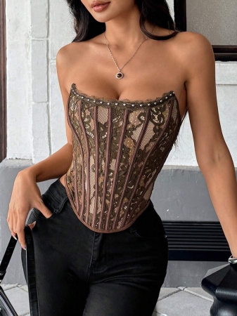 Sexy Elegant Solid & Floral Print Mature Charm - Graceful Lace Ruffle Trim Backless Bustier, Slim Fit Corseted Bodycon Vest With Snap Buttons - Image 17