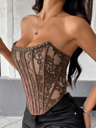 Sexy Elegant Solid & Floral Print Mature Charm - Graceful Lace Ruffle Trim Backless Bustier, Slim Fit Corseted Bodycon Vest With Snap Buttons - Image 18