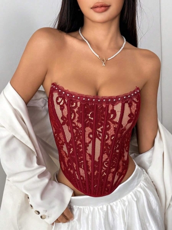 Sexy Elegant Solid & Floral Print Mature Charm - Graceful Lace Ruffle Trim Backless Bustier, Slim Fit Corseted Bodycon Vest With Snap Buttons - Image 19