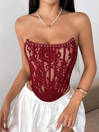 Sexy Elegant Solid & Floral Print Mature Charm - Graceful Lace Ruffle Trim Backless Bustier, Slim Fit Corseted Bodycon Vest With Snap Buttons - Image 21