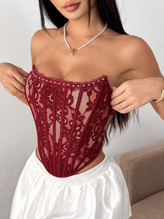 Sexy Elegant Solid & Floral Print Mature Charm - Graceful Lace Ruffle Trim Backless Bustier, Slim Fit Corseted Bodycon Vest With Snap Buttons - Image 22