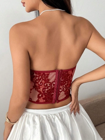 Sexy Elegant Solid & Floral Print Mature Charm - Graceful Lace Ruffle Trim Backless Bustier, Slim Fit Corseted Bodycon Vest With Snap Buttons - Image 23