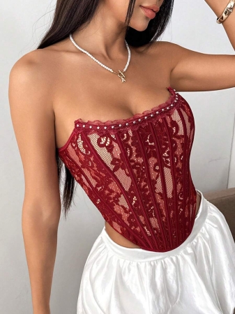 Sexy Elegant Solid & Floral Print Mature Charm - Graceful Lace Ruffle Trim Backless Bustier, Slim Fit Corseted Bodycon Vest With Snap Buttons - Image 24