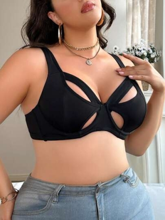 SHEIN Plus Size Hollow Patchwork Design Comfortable Wireless Thin Cup Lingerie, Lift