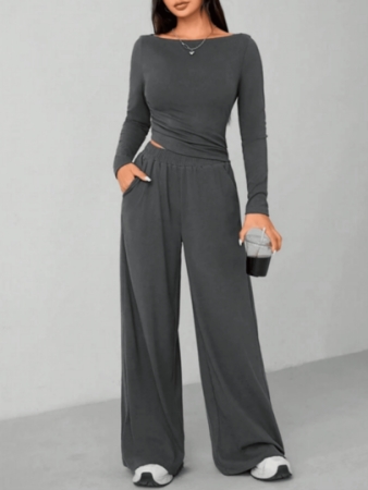 PETITE Autumn And Winter Women's Knitted Slim Top + Wide Leg Pants Casual And Comfortable Home Dark Gray Two Pieces Set, Cozy Outfit, Fall Clothes