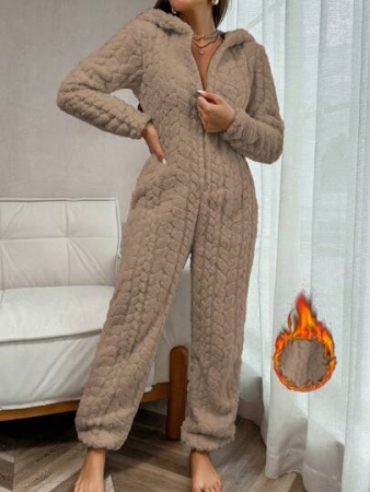1 Piece Solid Color Jacquard Fluffy Zipper Front Hooded Jumpsuit Loungewear, For Fall Winter, Cozy Outfit