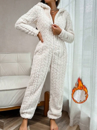 1 Piece Solid Color Jacquard Fluffy Zipper Front Hooded Jumpsuit Loungewear, For Fall Winter, Cozy Outfit - Image 2