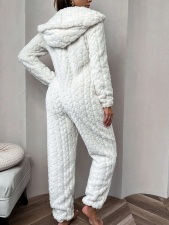 1 Piece Solid Color Jacquard Fluffy Zipper Front Hooded Jumpsuit Loungewear, For Fall Winter, Cozy Outfit - Image 3