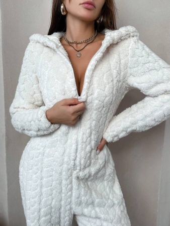 1 Piece Solid Color Jacquard Fluffy Zipper Front Hooded Jumpsuit Loungewear, For Fall Winter, Cozy Outfit - Image 6