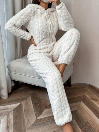 1 Piece Solid Color Jacquard Fluffy Zipper Front Hooded Jumpsuit Loungewear, For Fall Winter, Cozy Outfit - Image 7