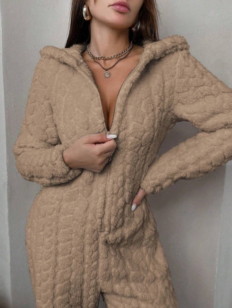 1 Piece Solid Color Jacquard Fluffy Zipper Front Hooded Jumpsuit Loungewear, For Fall Winter, Cozy Outfit - Image 10
