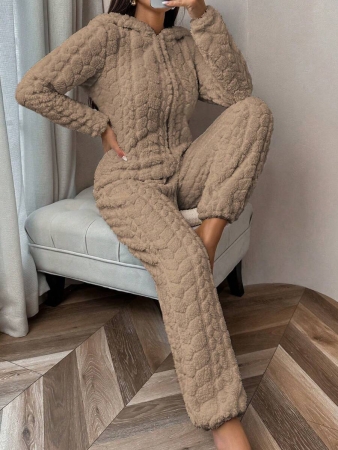 1 Piece Solid Color Jacquard Fluffy Zipper Front Hooded Jumpsuit Loungewear, For Fall Winter, Cozy Outfit - Image 11